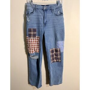 Hollister Ultra High-Rise Dad Jean Light Wash Plaid Patchwork Distressed 7R W28